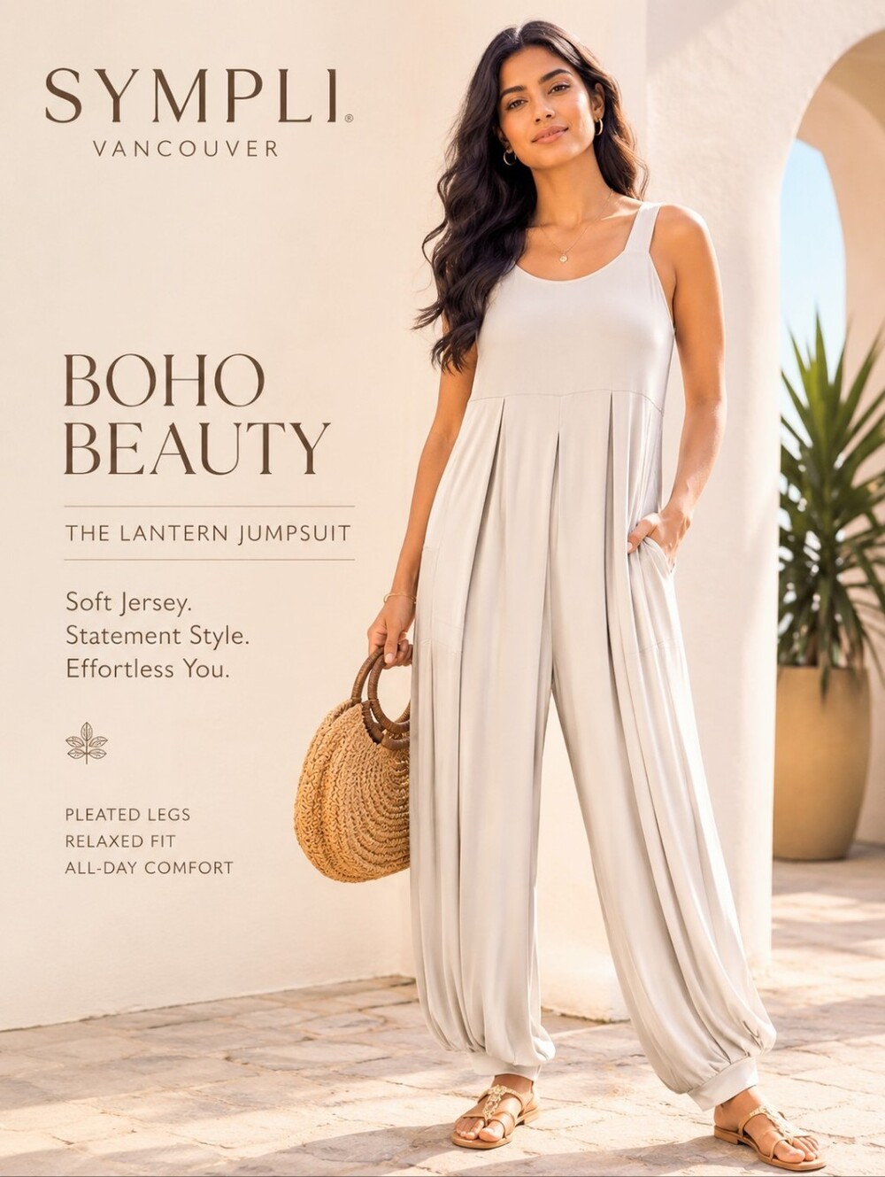SYMPLI Premium Jersey knit  Cream Lantern style pleated Wide-Leg Jumpsuit Sz L